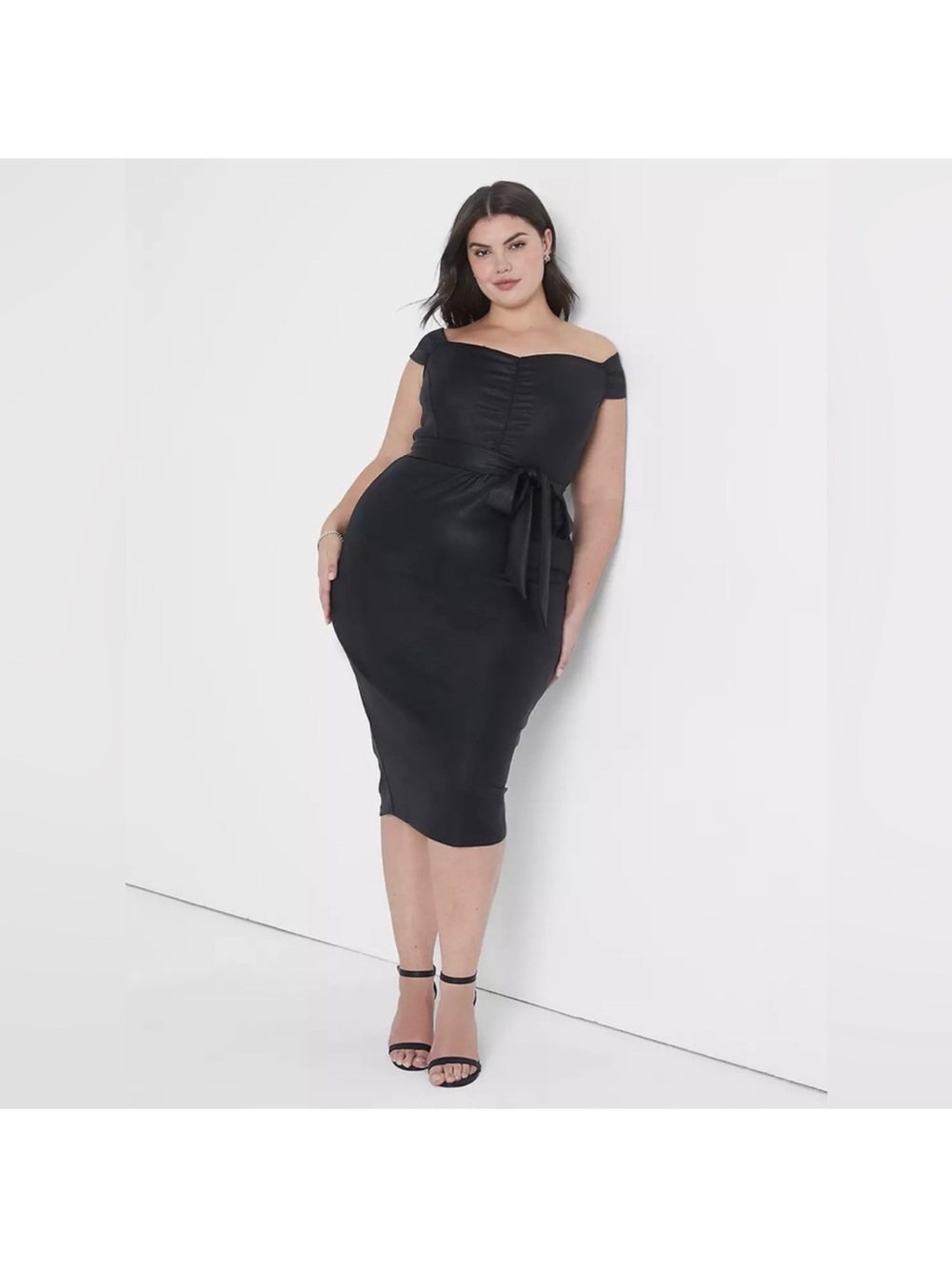 Lane Bryant Plus Size Off-Shoulder Black Stretch Dress with Waist Tie